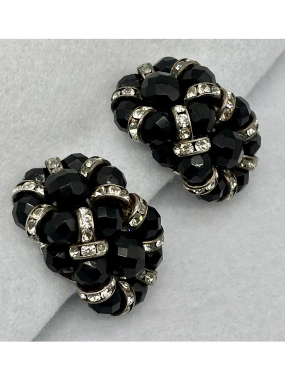 Vintage Herguz Very Large Black Faceted Beads and Clear Rhinestone Clip Earrings